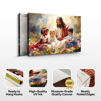 Canvas wall art print with Jesus and children; includes hanging hook and canvas icons