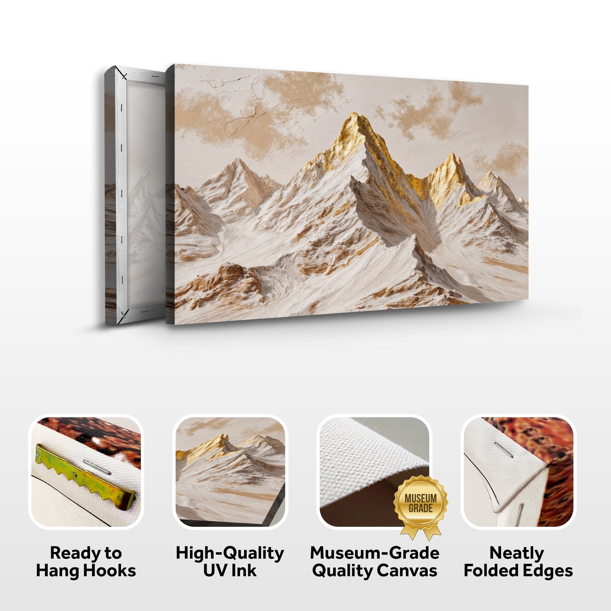 Landscape mountain peaks canvas wall art with side view and hanging icon set
