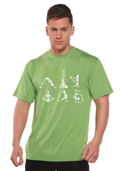 Men's green short sleeve graphic t-shirt with white skeleton yoga artwork