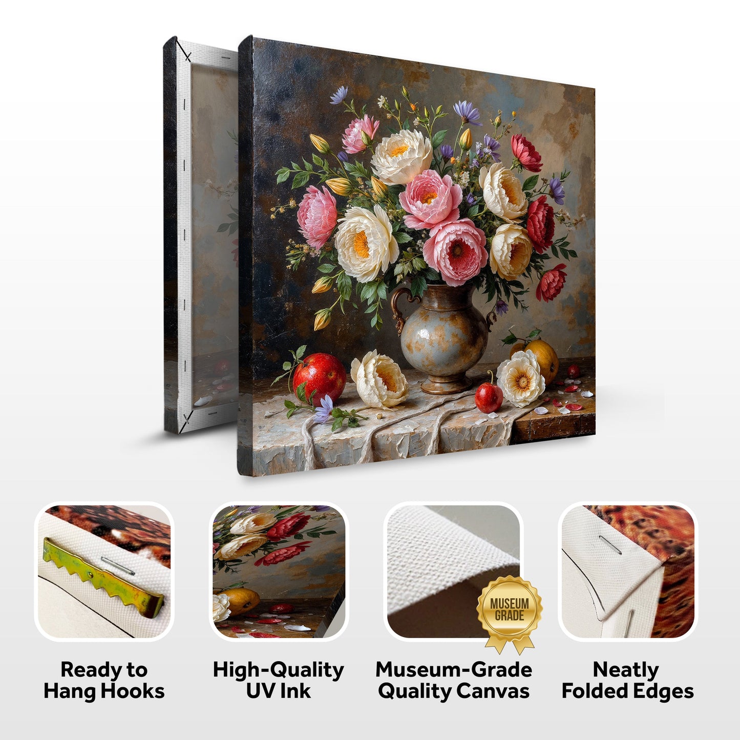 Wall art canvas print with hanging hooks and feature icons for UV and folded edges