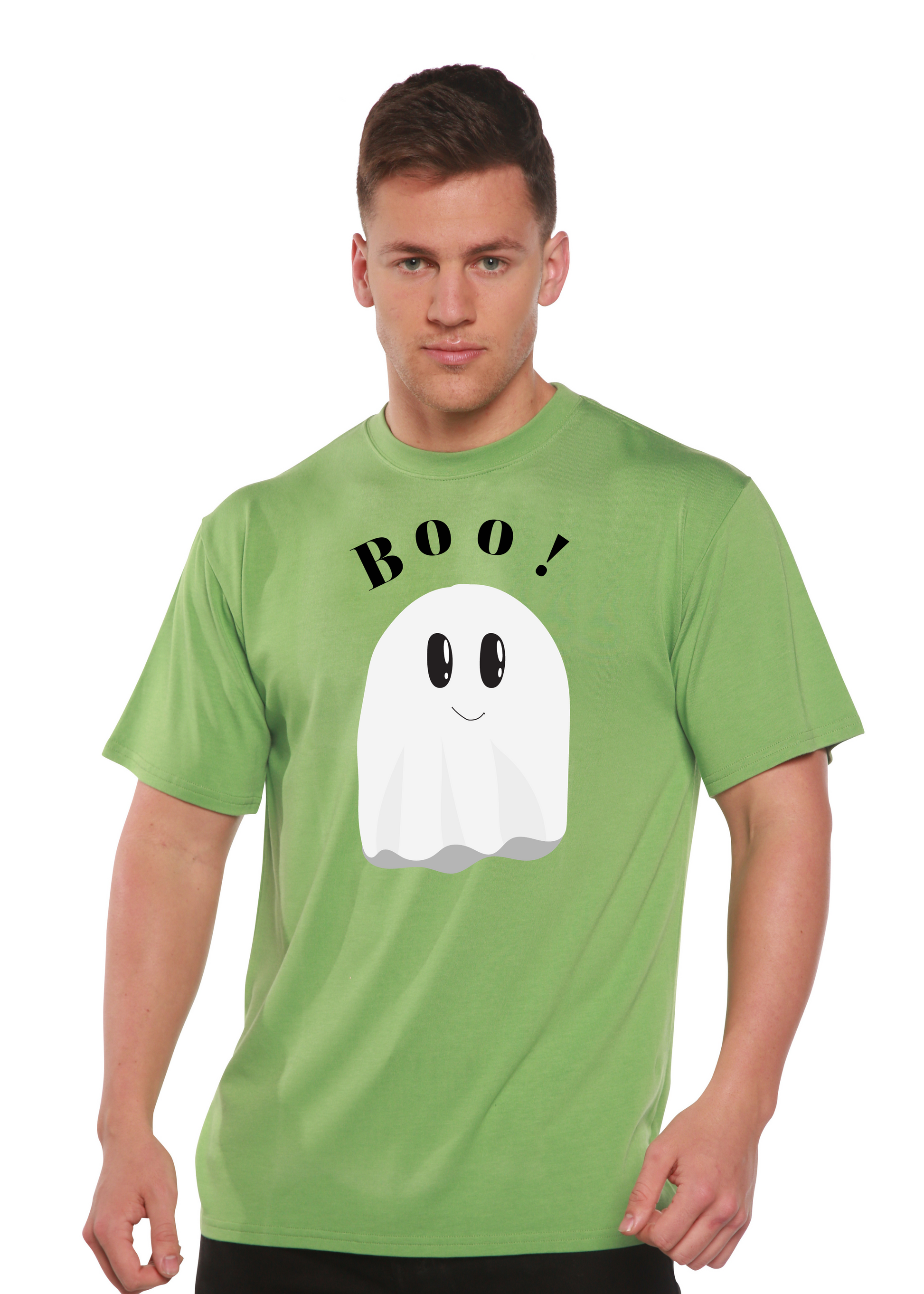 Men's green graphic T-shirt with “BOO!” text and white ghost print
