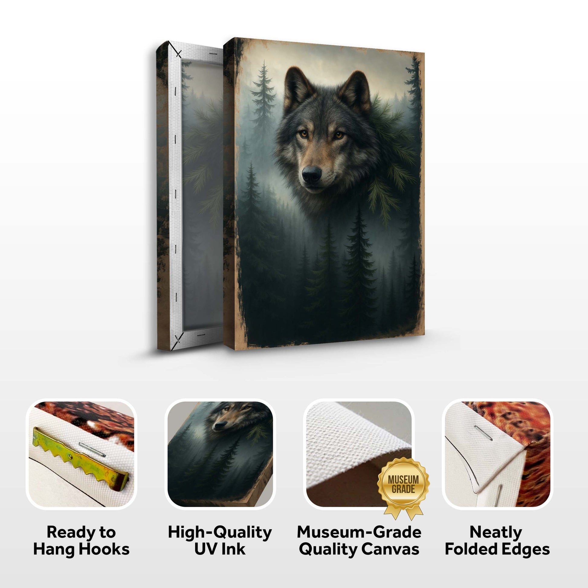 Folded wolf double exposure canvas with hang hooks and quality icons