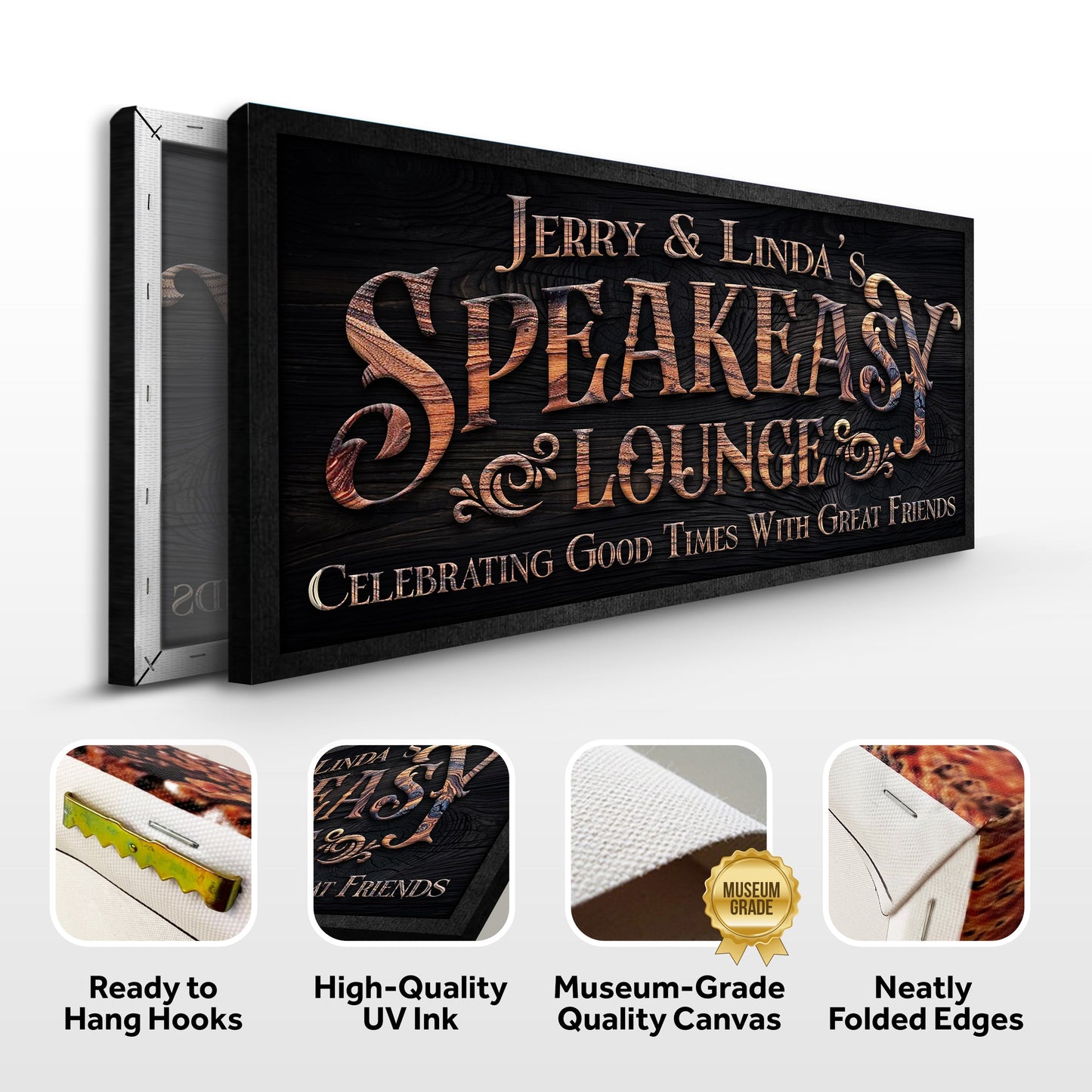 Framed speakeasy lounge canvas sign with folded edges and side view backing