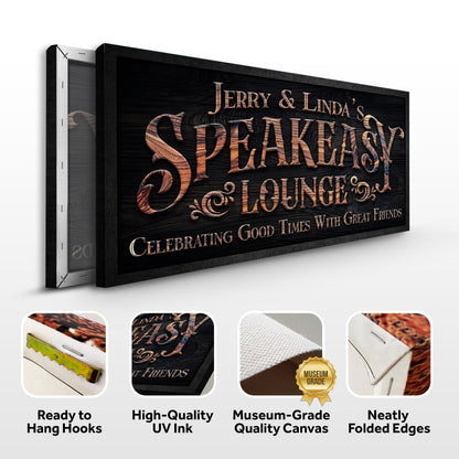 Framed speakeasy lounge canvas sign with folded edges and side view backing