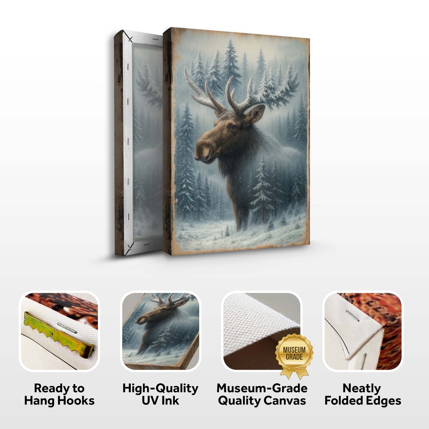 Moose forest wall canvas with double-exposure artwork, folded edges and hanging hooks