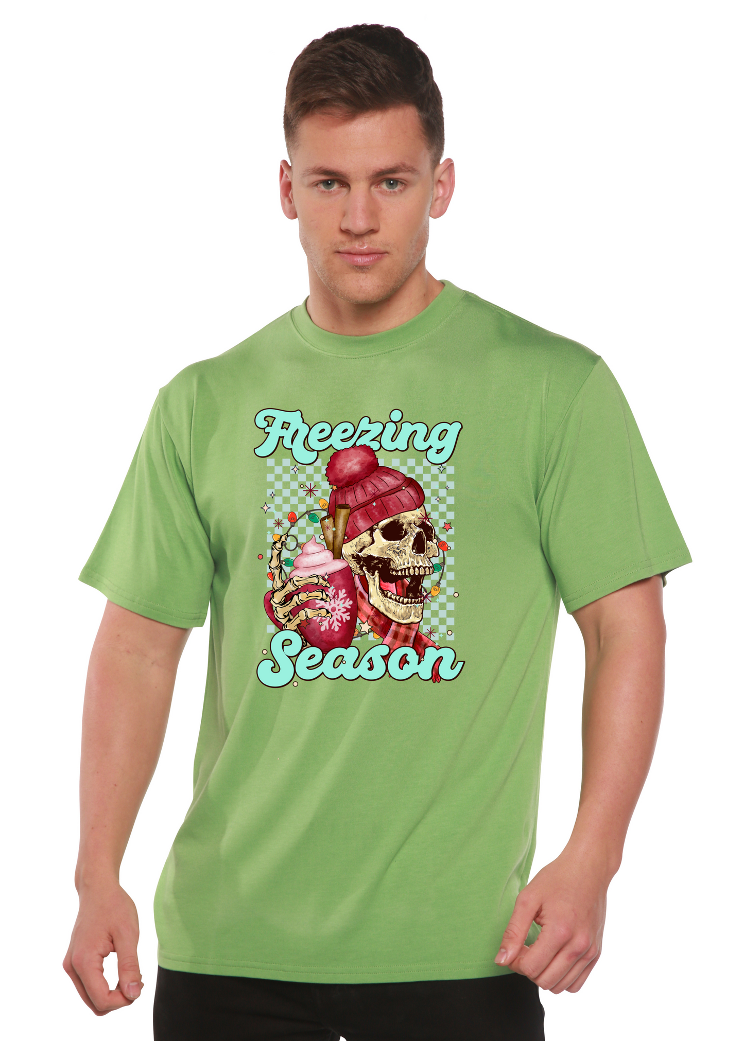 Unisex short sleeve graphic T-shirt, green, skull with “Freezing Season” text.