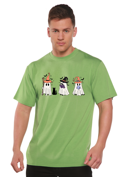 Men's short-sleeve T-shirt in light green with cartoon Halloween costume graphic across chest