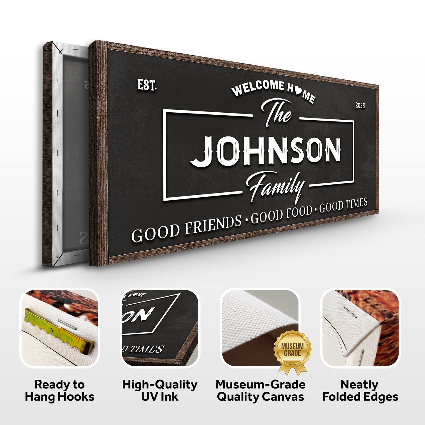 Wall sign with dark frame showing “Welcome Home” and “The Johnson Family” text on canvas
