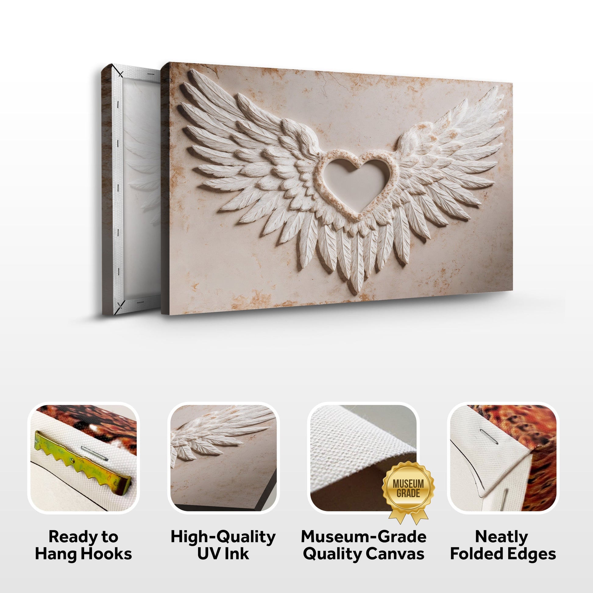 Abstract wall art canvas with angel wings and heart, shown with folded frame