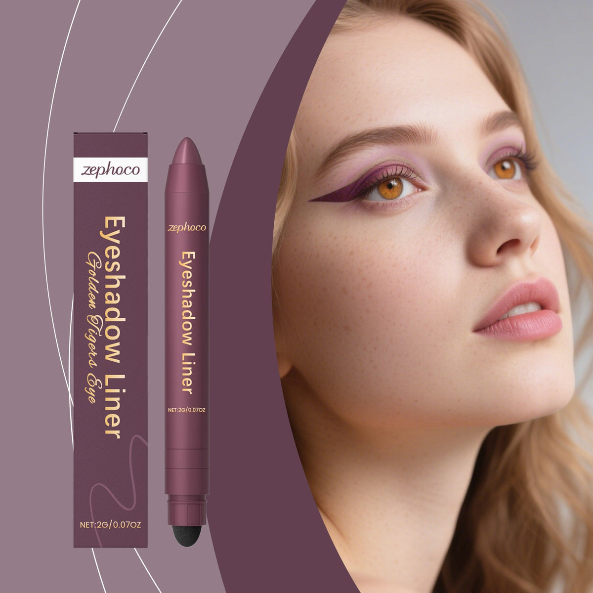 2-in-1 eyeliner pencil with plum eyeliner wing on model, side profile