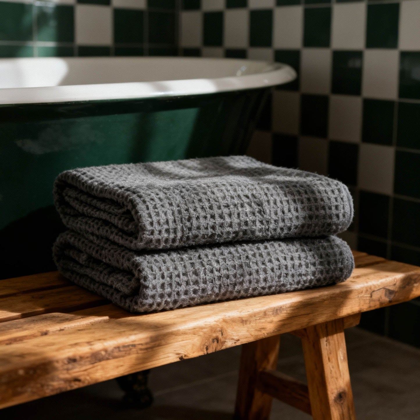 Australian cotton waffle towels in charcoal, folded pair on a wooden surface
