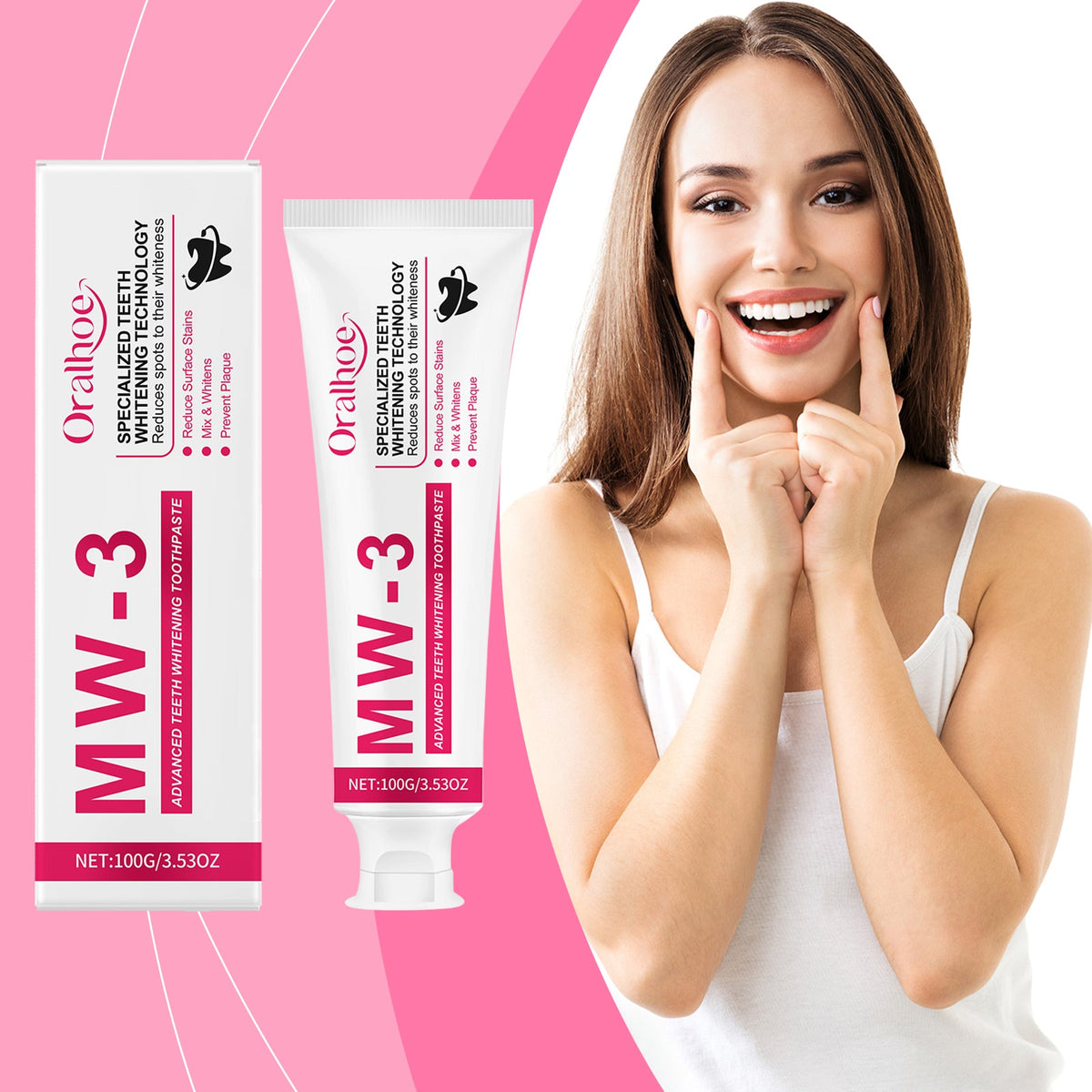 Whitening toothpaste box and tube beside smiling woman in a white top