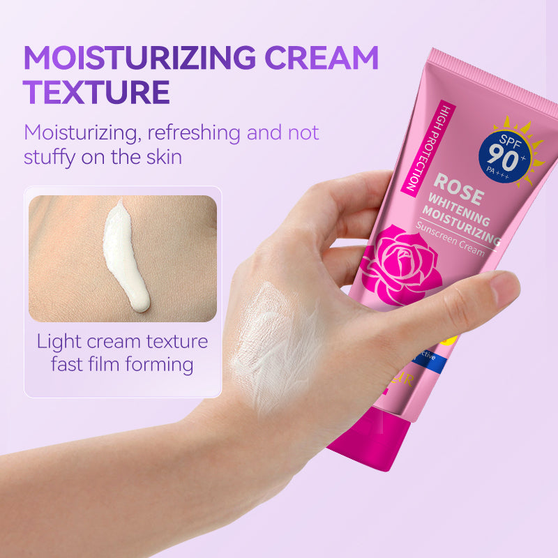 Rose whitening sunscreen cream tube with creamy swatch on hand, SPF 90