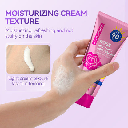 Rose whitening sunscreen cream tube with creamy swatch on hand, SPF 90