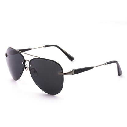 Men's black sunglasses with round lenses and thin metal frame, black arms