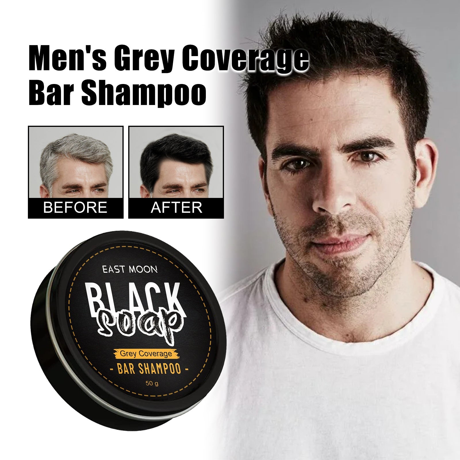 Men's black hair soap bar tin, front text and logo, 50 g