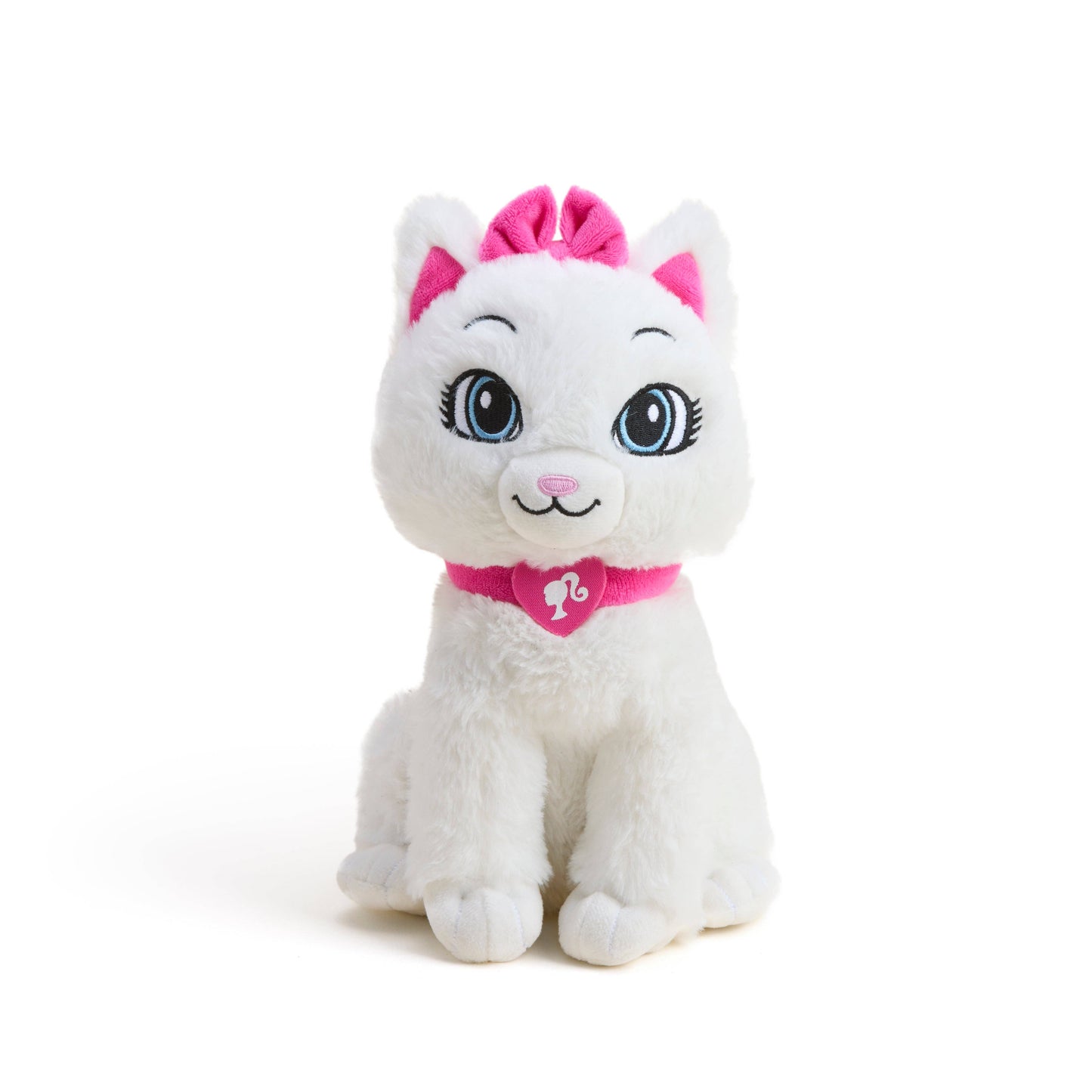 White plush cat with pink bow and collar, big blue eyes, seated