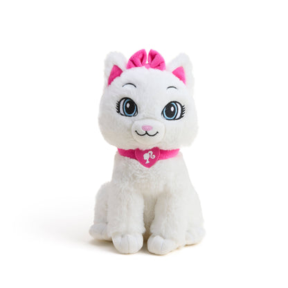 White plush cat with pink bow and collar, big blue eyes, seated