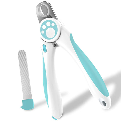 Blue and white pet nail clippers with lever handle, file, and protective guard