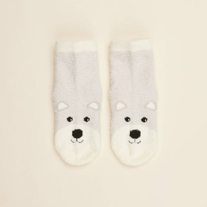Two cream crew socks with Marshmallow Bear face and small heart accents near toe