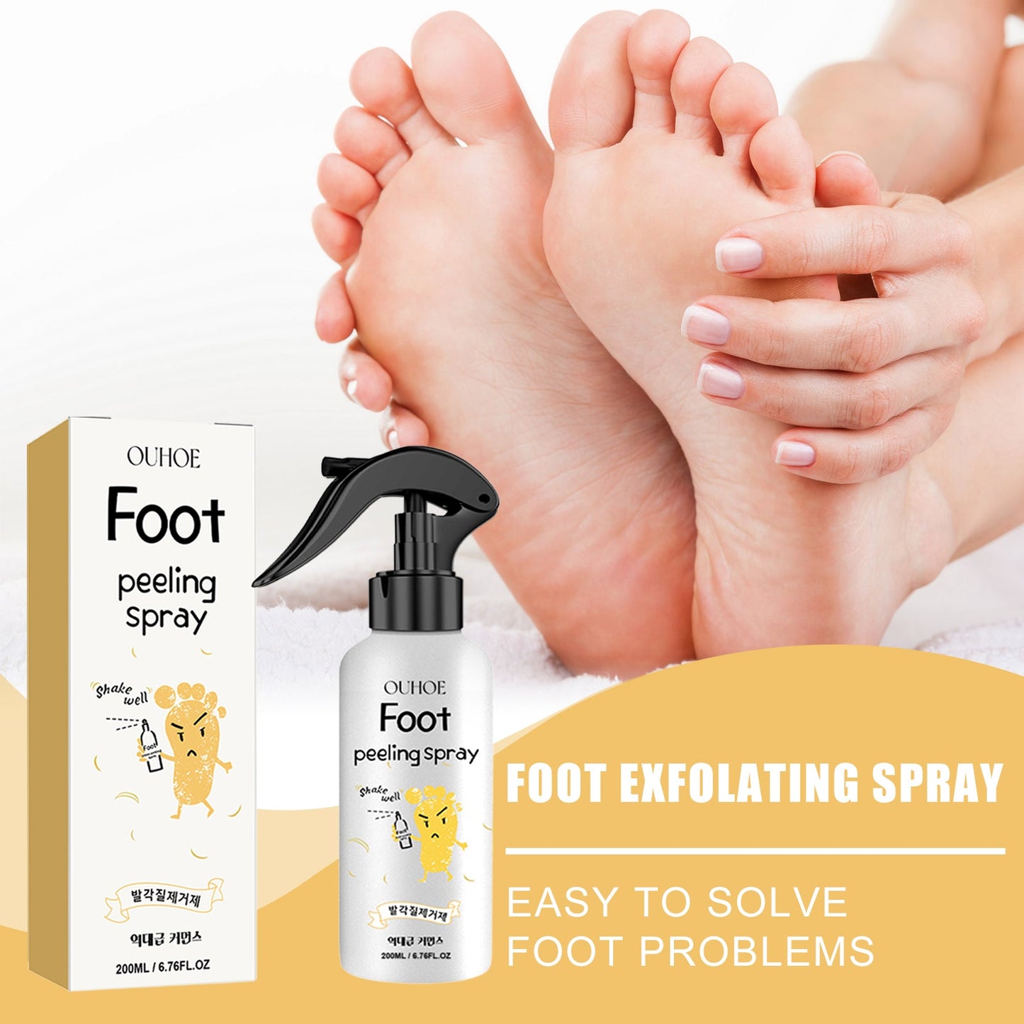 Foot exfoliating spray bottle beside retail box with hands massaging bare feet