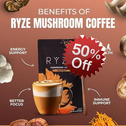 RYZE SUPERFOODS Mushroom Coffee Dark Roast, 6 Adaptogenic Mushrooms & Prebiotic Blend, Instant Coffee Supports Energy, Focus, Digestion & Immunity, Lions Mane & Turkey Tail, 30 Servings. - Renee Lane Company
