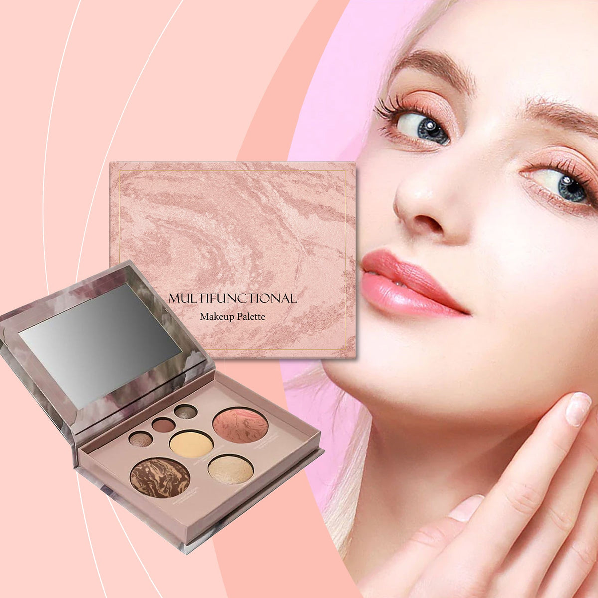 Open makeup palette with mirror and six pressed powders, with rose-toned cover