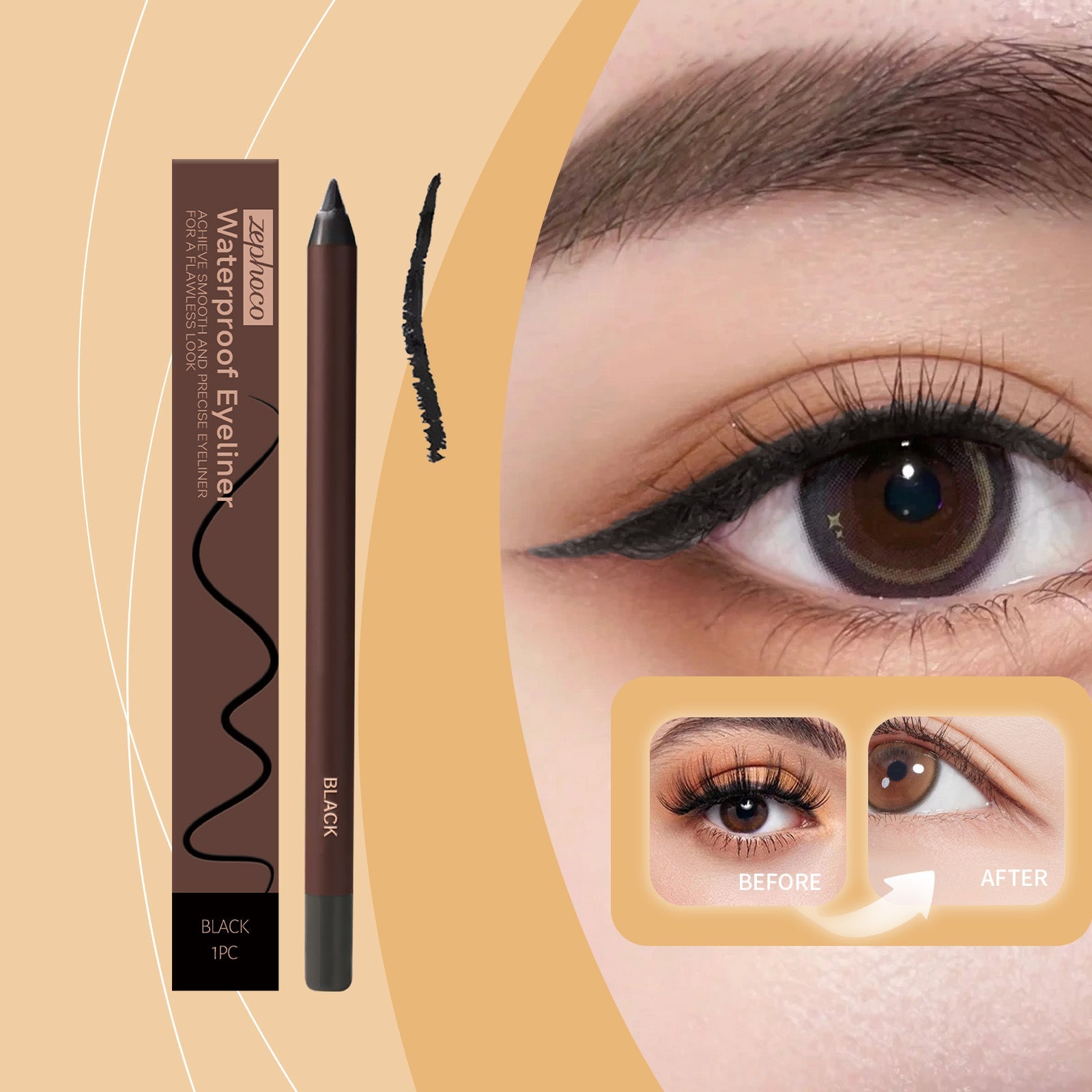 Black waterproof eyeliner pencil beside a close-up eye with a thick winged eyeliner line