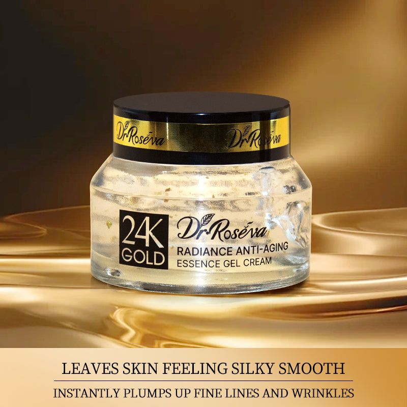 24K gold anti-aging gel cream jar with black lid, clear gel texture