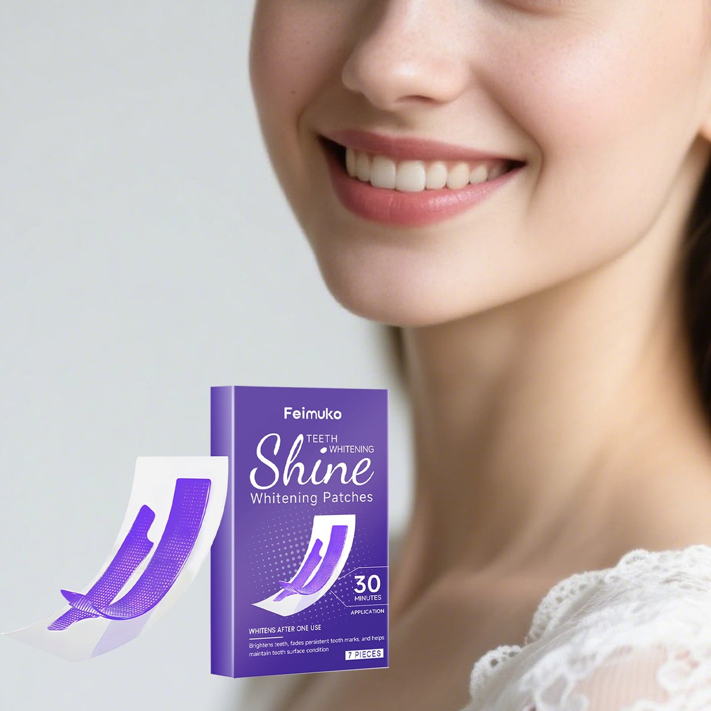 Teeth whitening patches box with purple packaging and “30” patch graphic