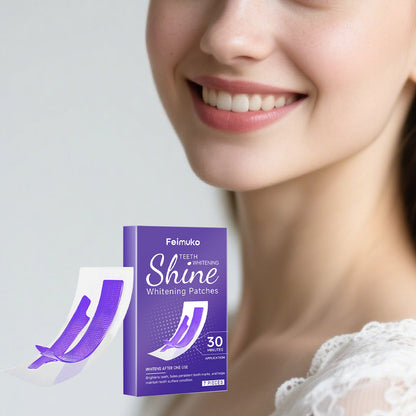 Teeth whitening patches box with purple packaging and “30” patch graphic