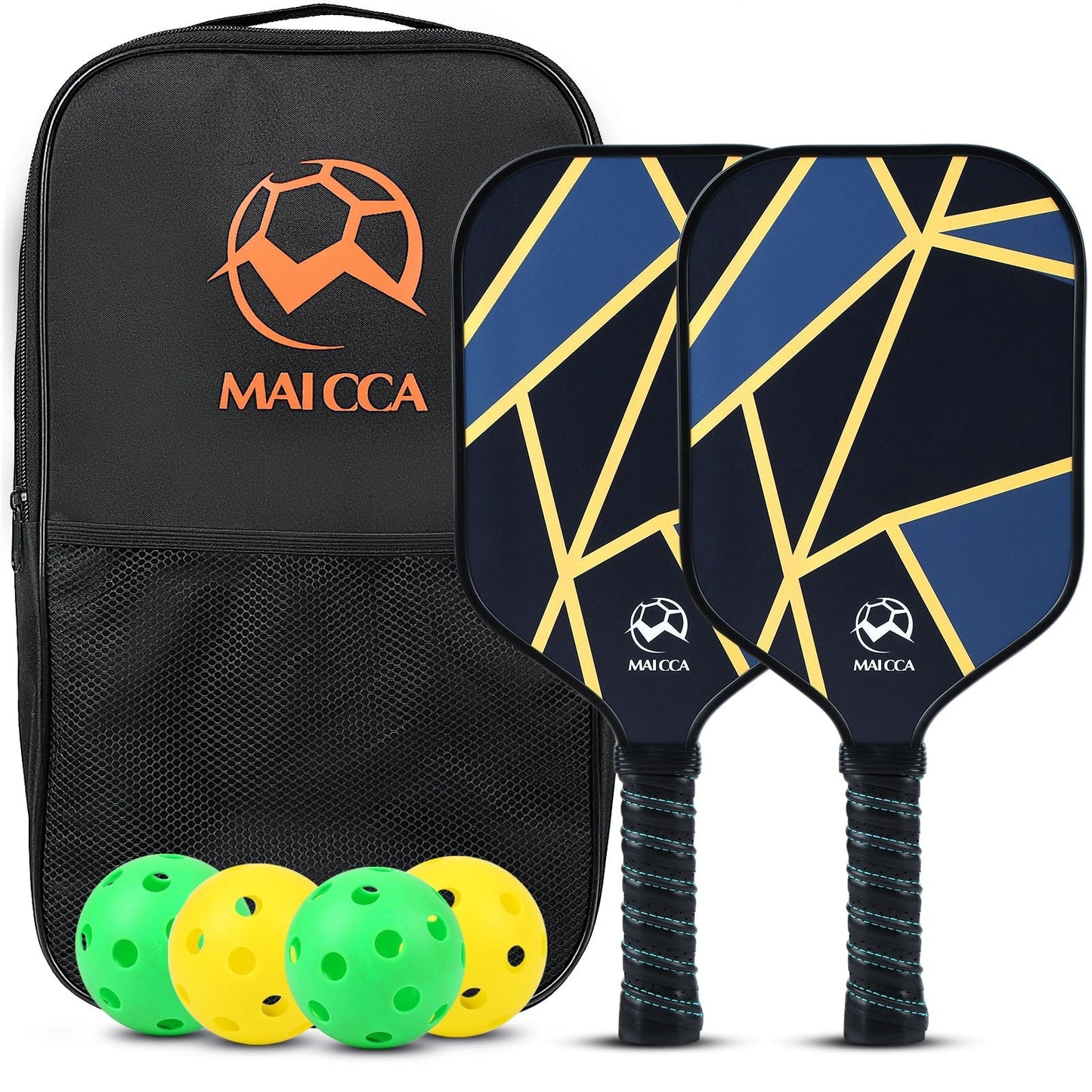 Pickleball paddle set with bag, two blue paddles, four green and yellow balls