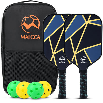 Pickleball paddle set with bag, two blue paddles, four green and yellow balls