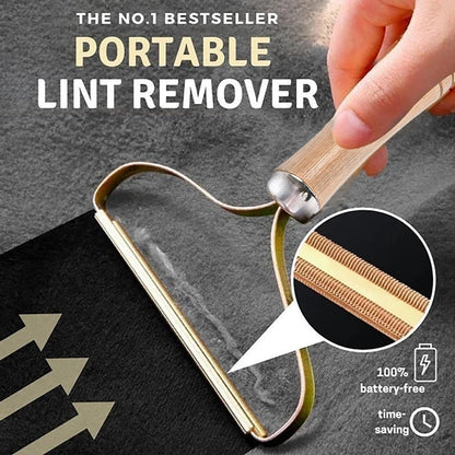 Portable lint remover brush with wooden handle and U-shaped bristle head