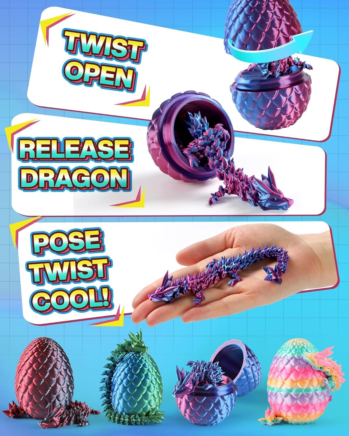 8" 3D Printed Dragon Eggs, Mystery Crystal Dragon Egg for Easter Basket Stuffers, Unique Easter Toys & Decor, Fantasy Tabletop Decor for Kids & Collectors (4 Pack) - Renee Lane Company