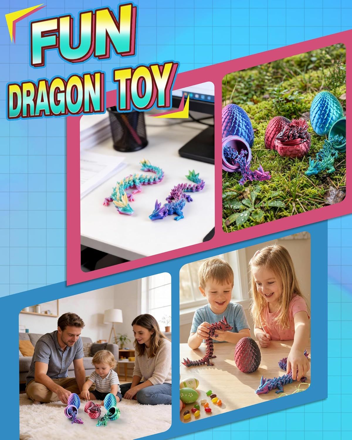 8" 3D Printed Dragon Eggs, Mystery Crystal Dragon Egg for Easter Basket Stuffers, Unique Easter Toys & Decor, Fantasy Tabletop Decor for Kids & Collectors (4 Pack) - Renee Lane Company