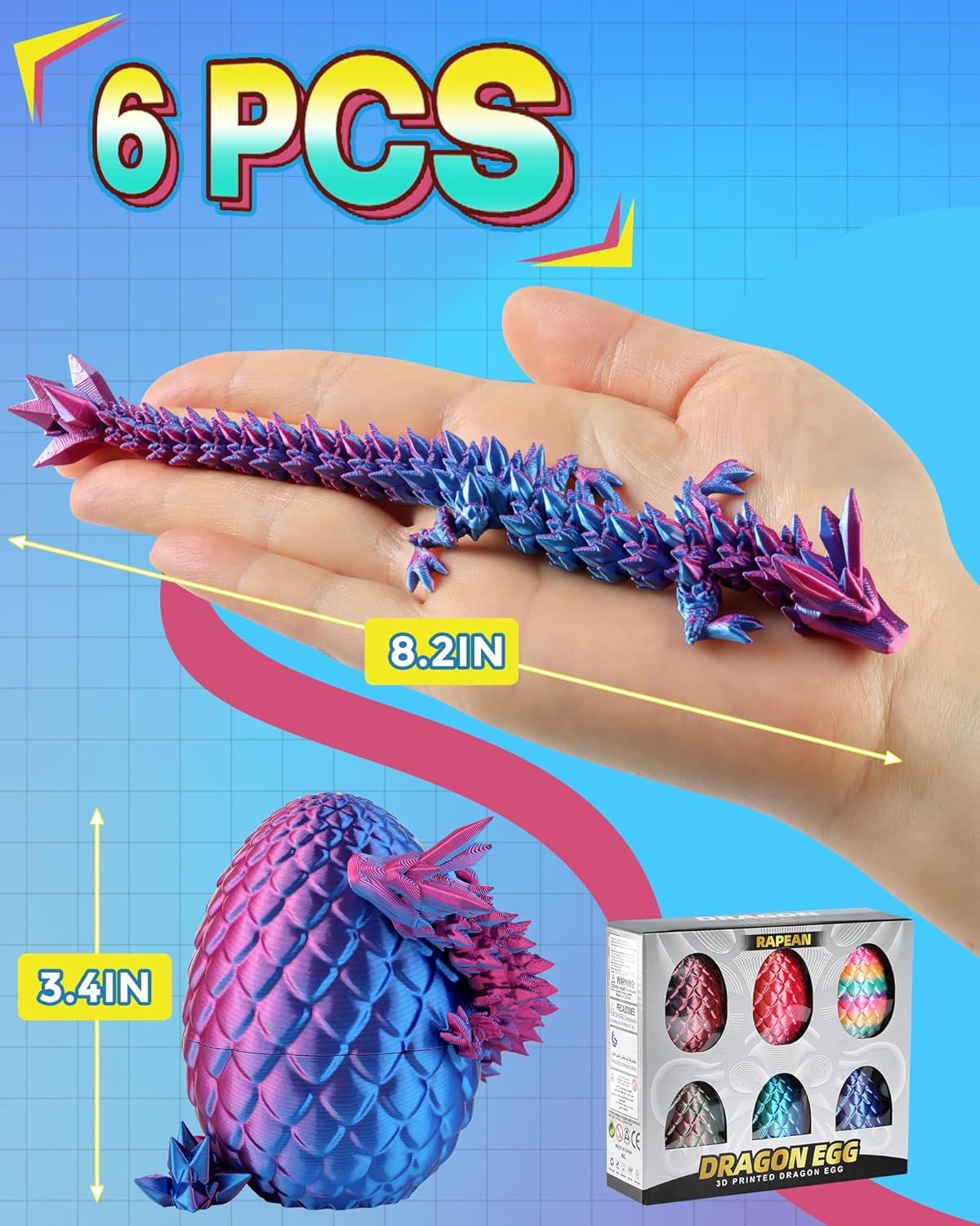 8" 3D Printed Dragon Eggs, Mystery Crystal Dragon Egg for Easter Basket Stuffers, Unique Easter Toys & Decor, Fantasy Tabletop Decor for Kids & Collectors (4 Pack) - Renee Lane Company