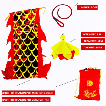8 Meters (26.2 FT)  Gold Dragon Ball Poi,  3D Golden Dragon Ribbon Streamer with 340g Weighted Ball & Swing Rope and Travel Bag - Renee Lane Company