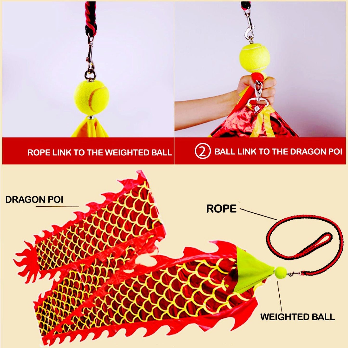 8 Meters (26.2 FT)  Gold Dragon Ball Poi,  3D Golden Dragon Ribbon Streamer with 340g Weighted Ball & Swing Rope and Travel Bag - Renee Lane Company
