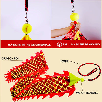 8 Meters (26.2 FT)  Gold Dragon Ball Poi,  3D Golden Dragon Ribbon Streamer with 340g Weighted Ball & Swing Rope and Travel Bag - Renee Lane Company