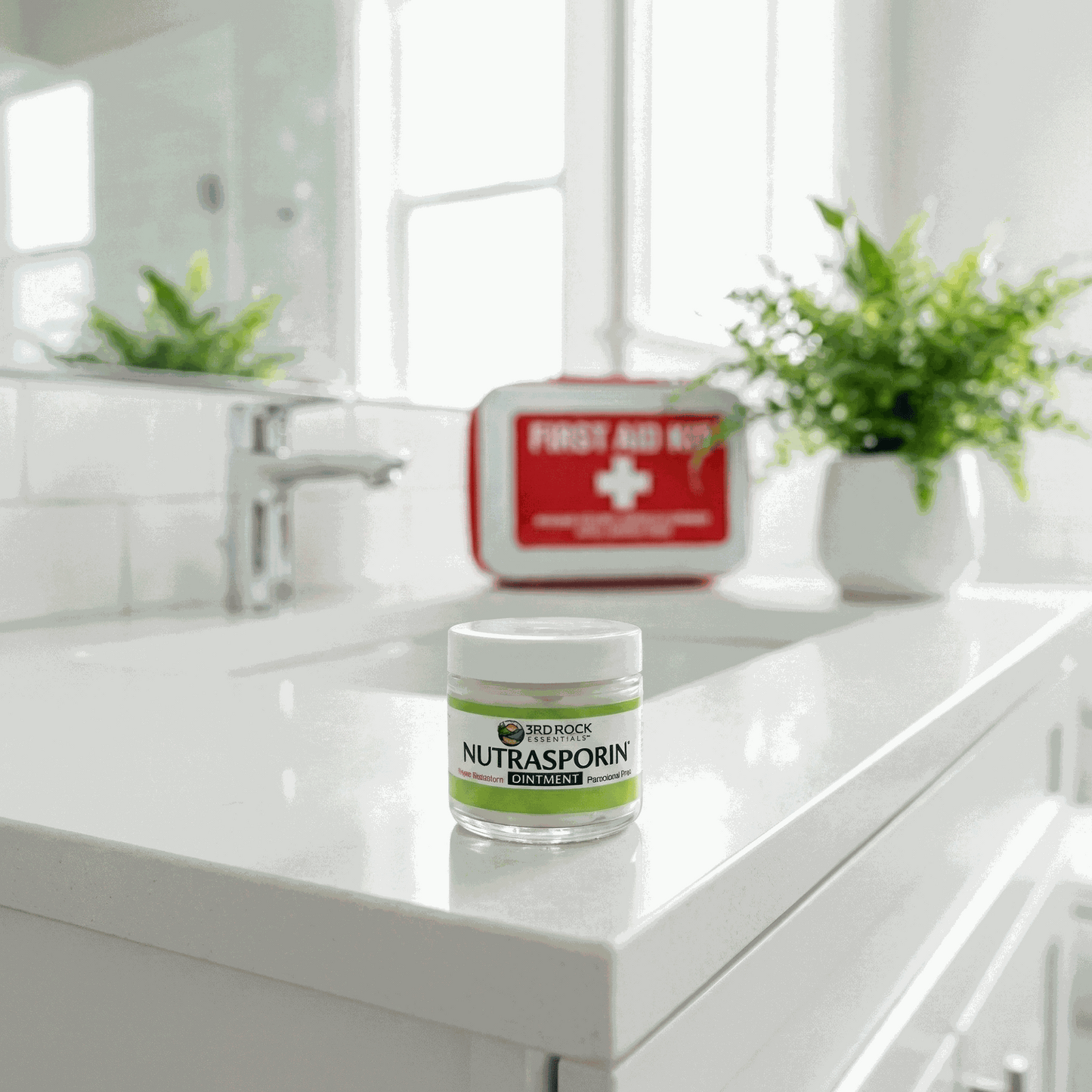 Nutrasporin ointment jar on white bathroom counter with green Water Resistant label