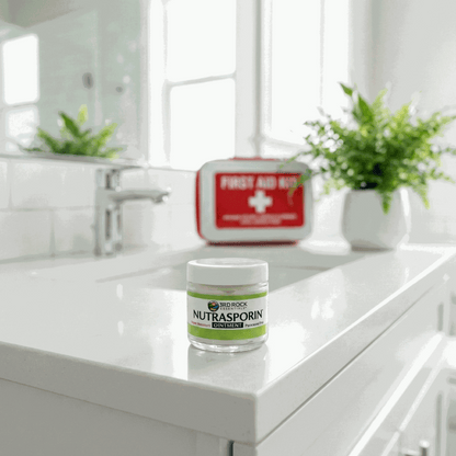 Nutrasporin ointment jar on white bathroom counter with green Water Resistant label