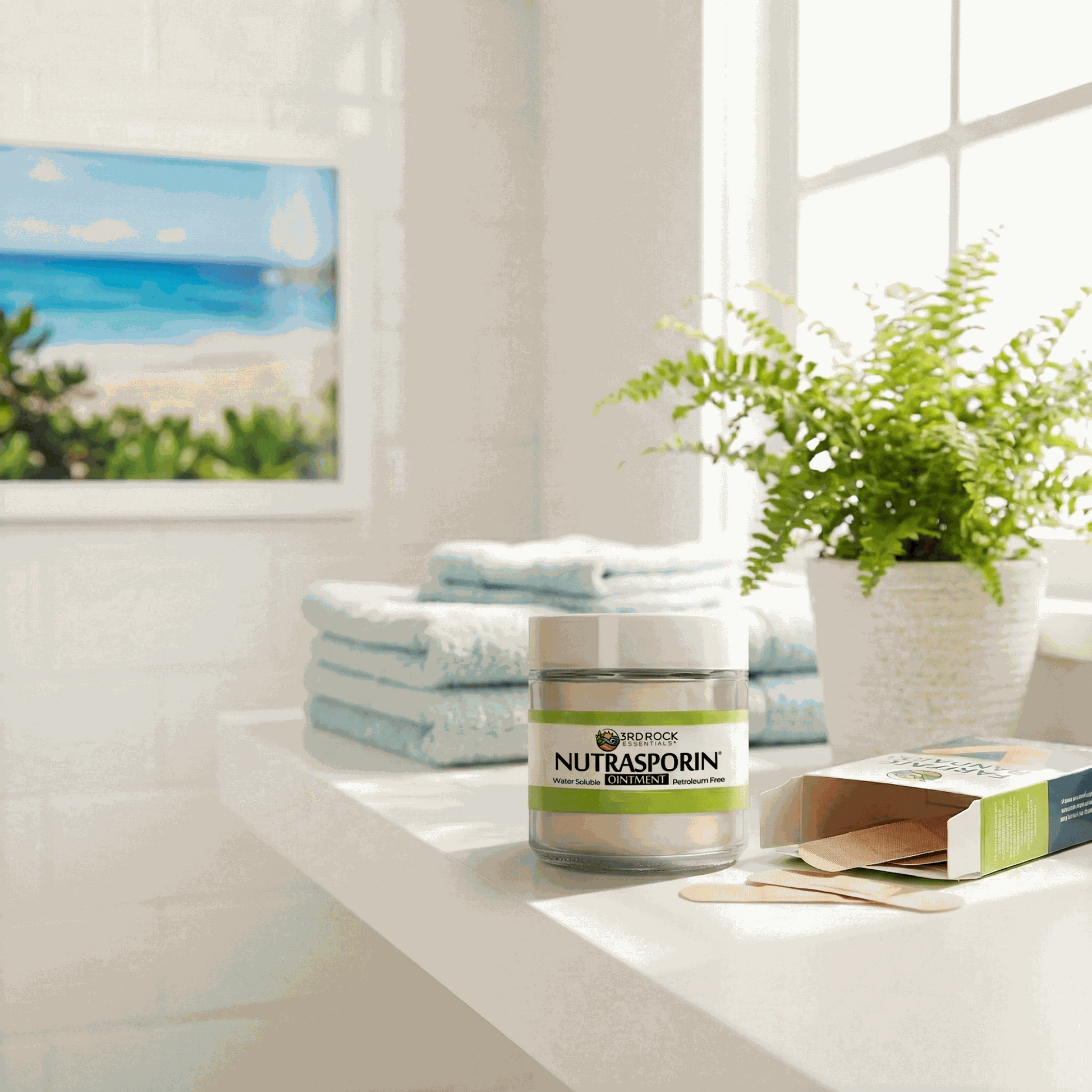 Nutrasporin ointment jar on countertop with towels and product box