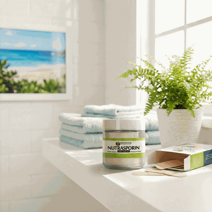 Nutrasporin ointment jar on countertop with towels and product box