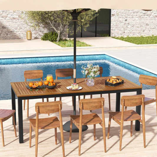 8-Person Outdoor Dining Table 79 Inch Acacia Wood Patio Table with Umbrella Hole - Renee Lane Company