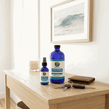 Silver infusion supplement bottle with small dropper bottle on a wooden shelf