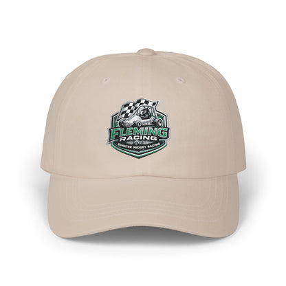 Stone soccer crest dad cap with Fleming Racing logo on front