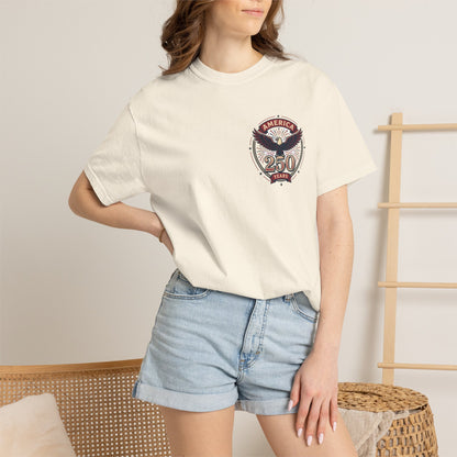 White T-shirt with round “America 250 Years” emblem chest print