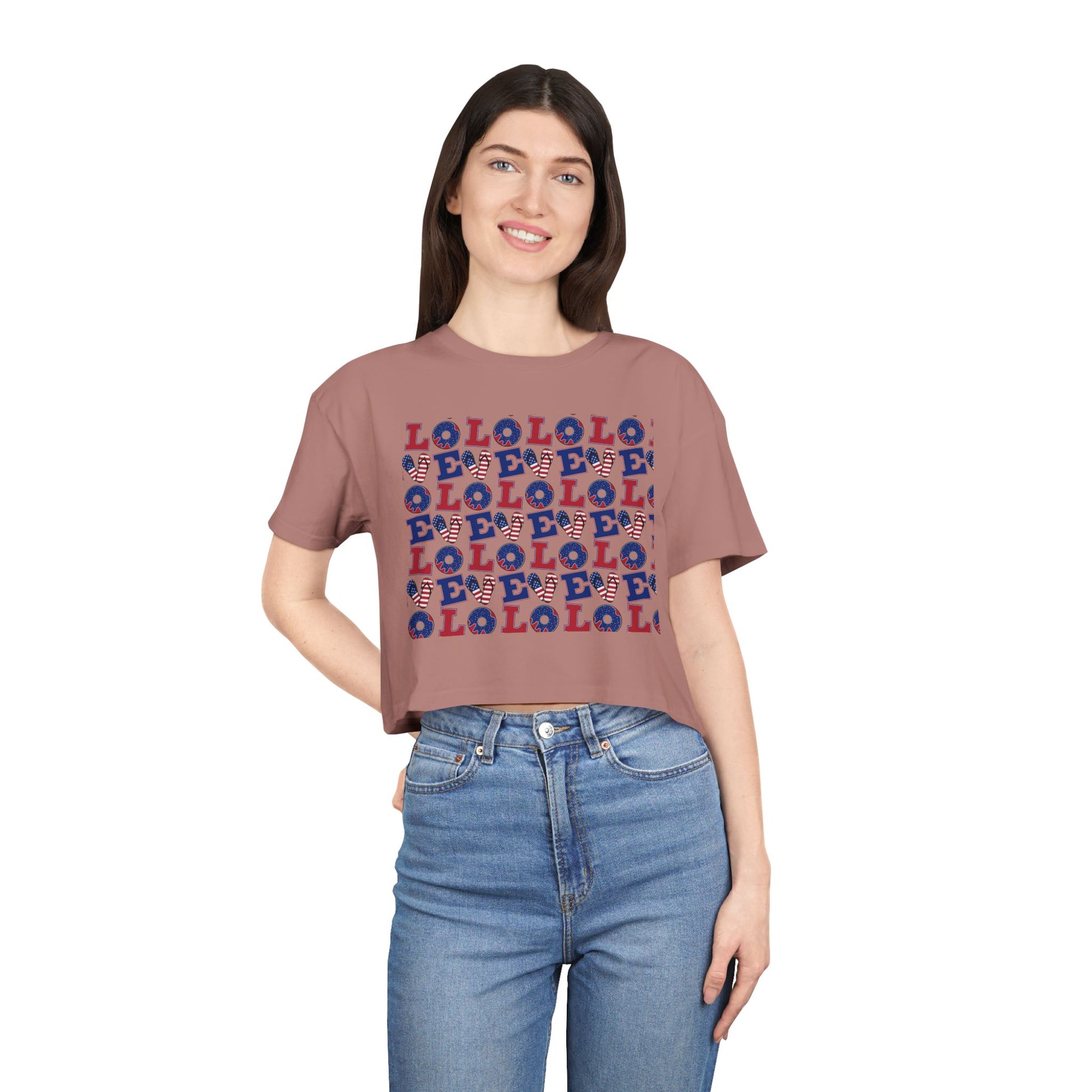 Dusty rose crop graphic tee with multicolor LOLO pattern front, crew neck, short sleeves