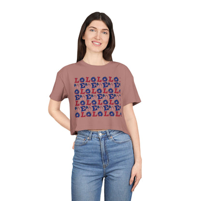 Dusty rose crop graphic tee with multicolor LOLO pattern front, crew neck, short sleeves
